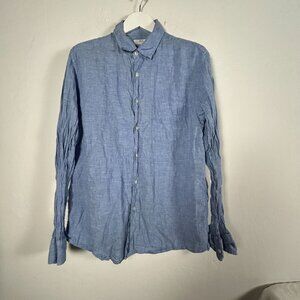 Uniqlo Mens Blue Linen Button-Up Long-Sleeve Shirt XL Pocket Casual Lightweight
